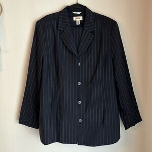 Talbots Women Vintage 3 piece wool pinstripe navy suit jacket skirt pant size 14